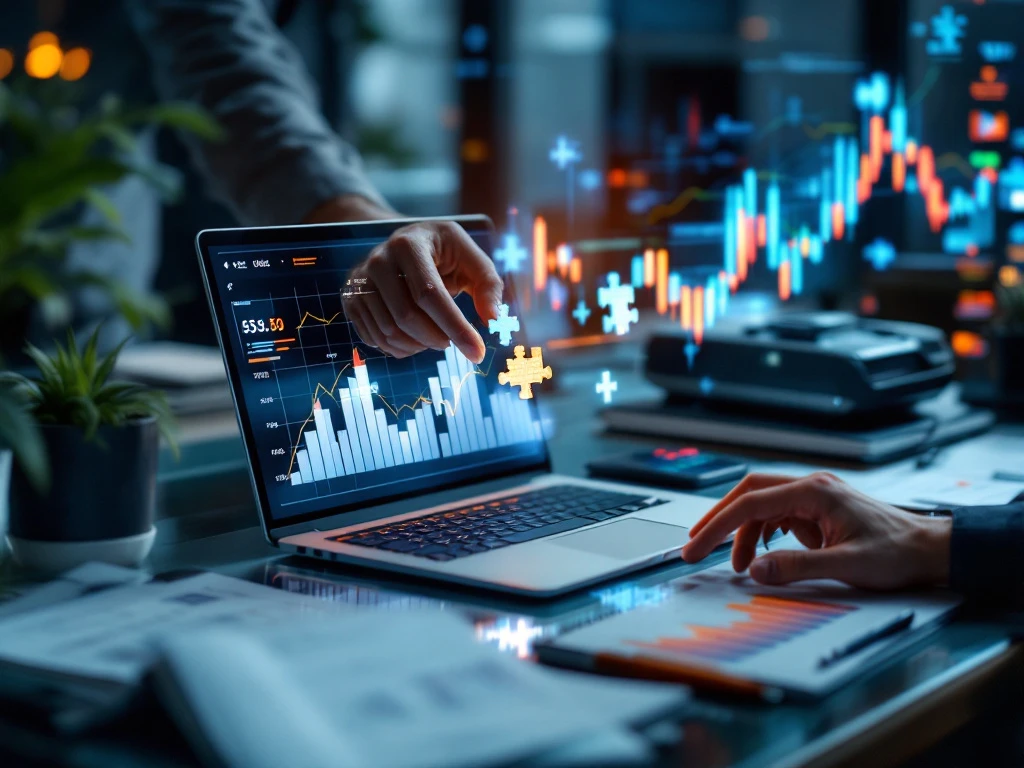 Professionele werkruimte met laptop, financiële grafieken en een hand die puzzelstuk plaatst in grafiekpuzzel, symboliserend toegankelijkheid in de financiële sector.