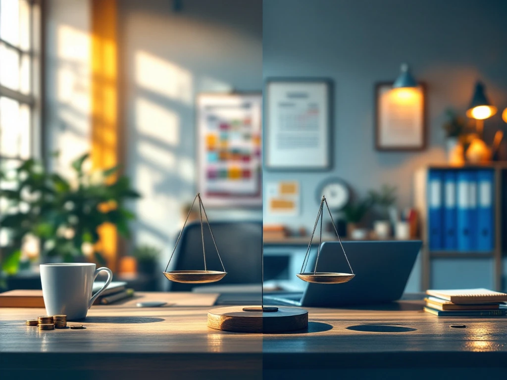 Professionele werkruimte die flexwerk en vaste contracten vergelijkt, met symbolische weegschaal tussen twee contrasterende kantooromgevingen.