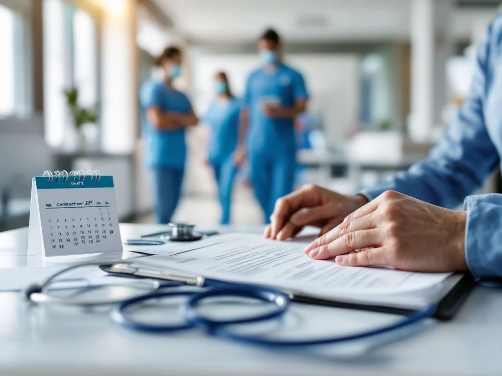 Professionele handen organiseren zorgdocumenten op een bureau met patiëntformulieren, stethoscoop en ZZP-pas in een lichte ziekenhuisomgeving met zachte blauwtinten.