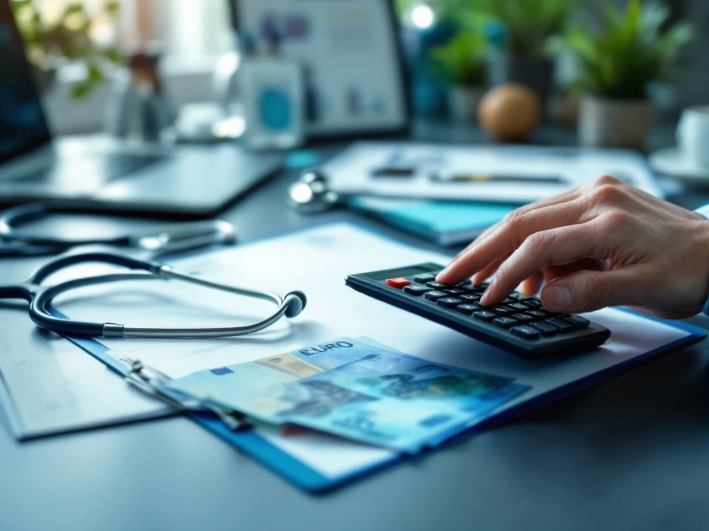 Zorgprofessional berekent kosten met calculator naast stethoscoop, klembord en eurobiljetten op een modern medisch bureau