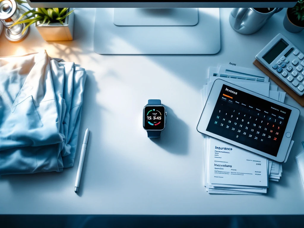 Georganiseerd bureau van zorgondernemer met medische items (stethoscoop, uniform) en zakelijke elementen (rekenmachine, facturen, tablet) rond een smartwatch die balans symboliseert.