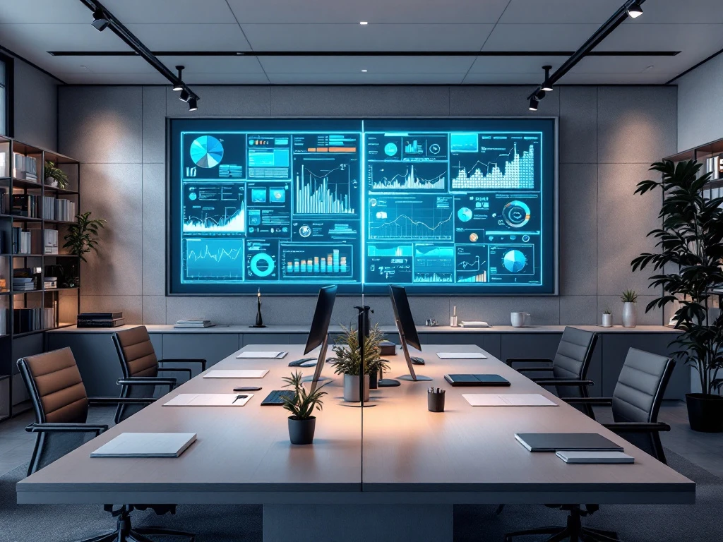 Contrasterende werkomgevingen: traditionele overheidsomgeving met formele documenten naast moderne bedrijfsruimte verbonden door glazen wand met datavisualisaties.