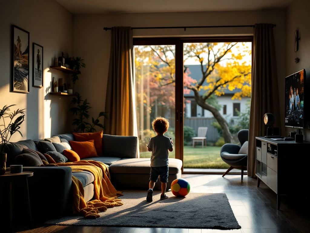Kind in silhouet bij raam kijkt naar zonnige speeltuin, terwijl binnenentertainment en sportuitrusting een pad naar buiten vormen.