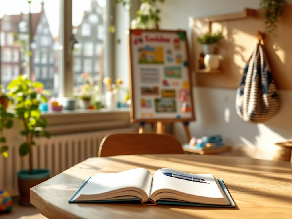 Modern kinderdagverblijf in Amsterdam met speelgoed, notitieblok en zicht op grachtenhuizen door grote ramen in een warme, zorgende omgeving.