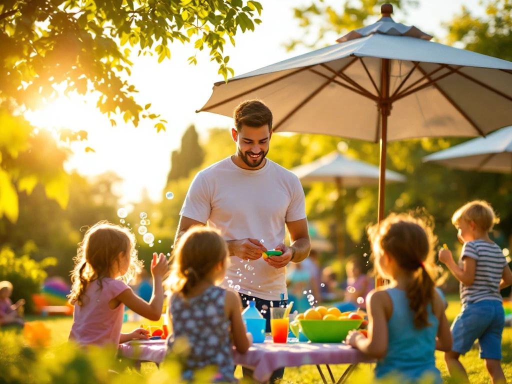 Begeleider van kinderdagverblijf organiseert zomeractiviteit met waterballonnen voor kinderen op zonnige buitenspeelplaats met kleurrijke speeltoestellen.