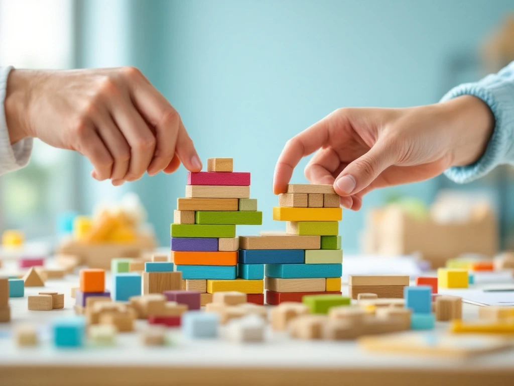 Volwassen hand begeleidt kinderhand bij het bouwen met kleurrijke houten blokken in een rustige educatieve omgeving met natuurlijk licht.