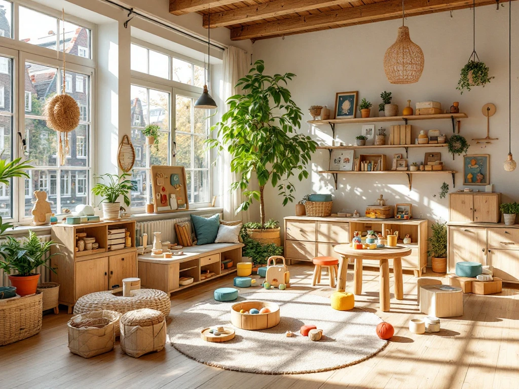 Lichte kinderopvangruimte in Amsterdam met kleurrijke speeltoestellen, educatief speelgoed en zicht op grachtenhuizen door grote ramen.