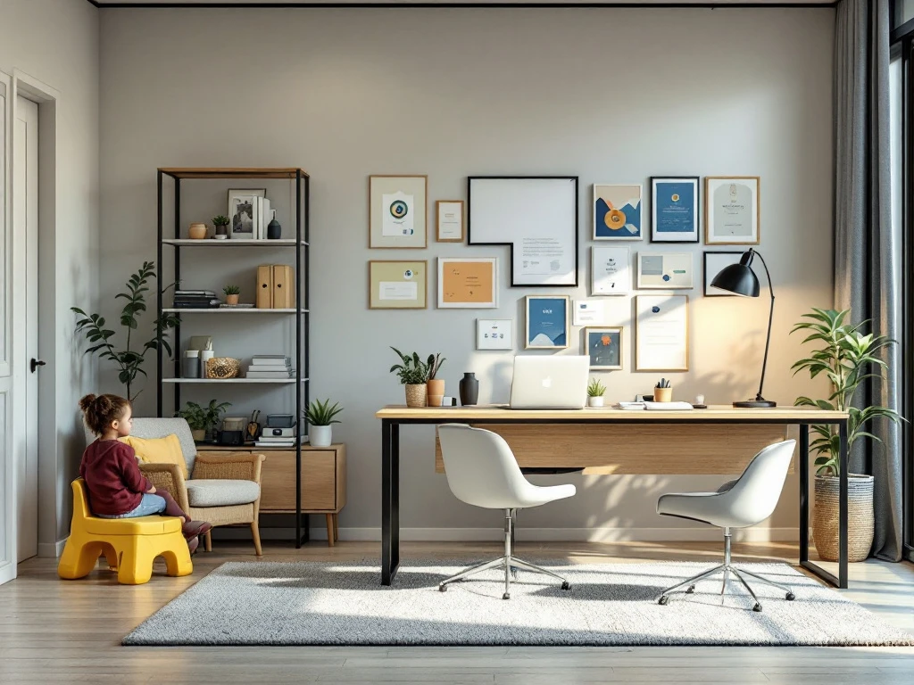Professionele kinderopvangruimte met symbolisch carrièrepad, van kinderstoel met speelgoed naar professioneel bureau, versierd met diploma's in warme natuurlijke tinten.