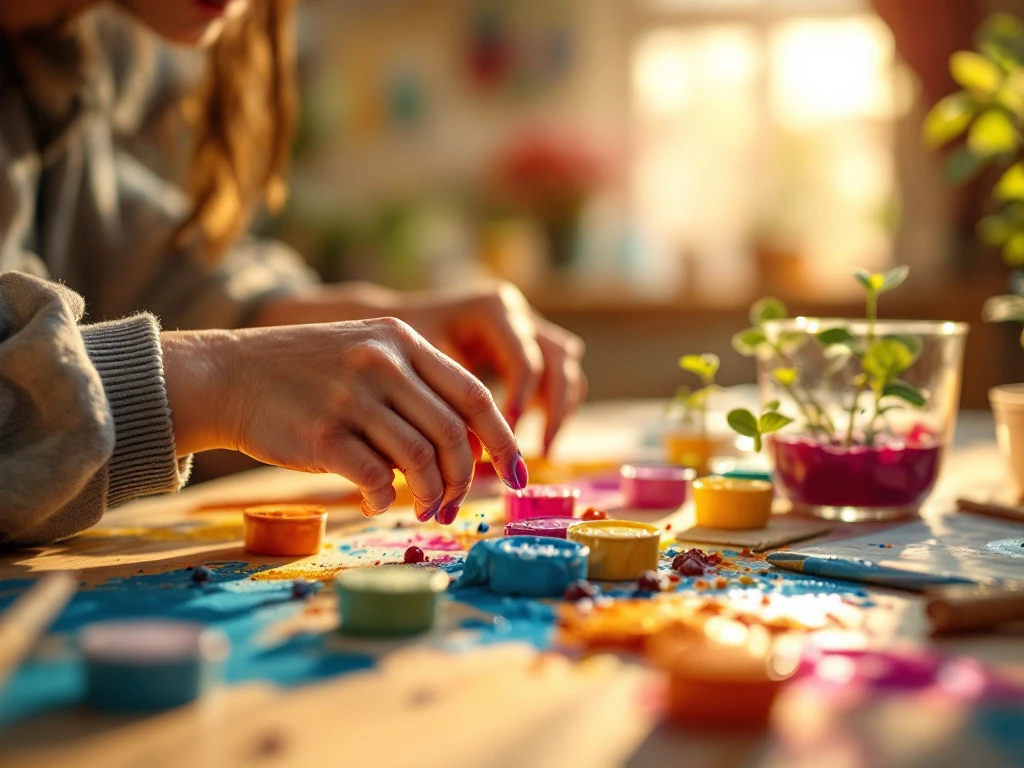 Kinderhanden werken creatief met kleurrijke klei in een zonnig klaslokaal, terwijl een volwassene subtiel begeleidt in een warme, veilige leeromgeving.