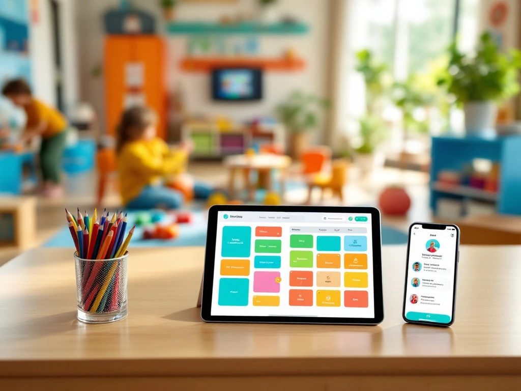 Moderne kinderopvangklas met tablet, planningssoftware, smartphone-app voor ouders en educatief speelgoed in lichte ruimte.