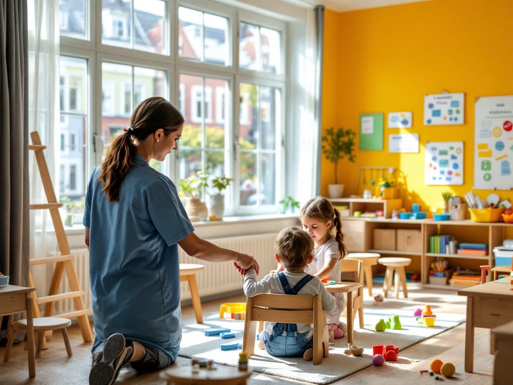 Kinderprofessional begeleidt creatieve activiteit in moderne kinderopvangklas in Noord-Holland met kleurrijk educatief materiaal en Nederlands architectuur.