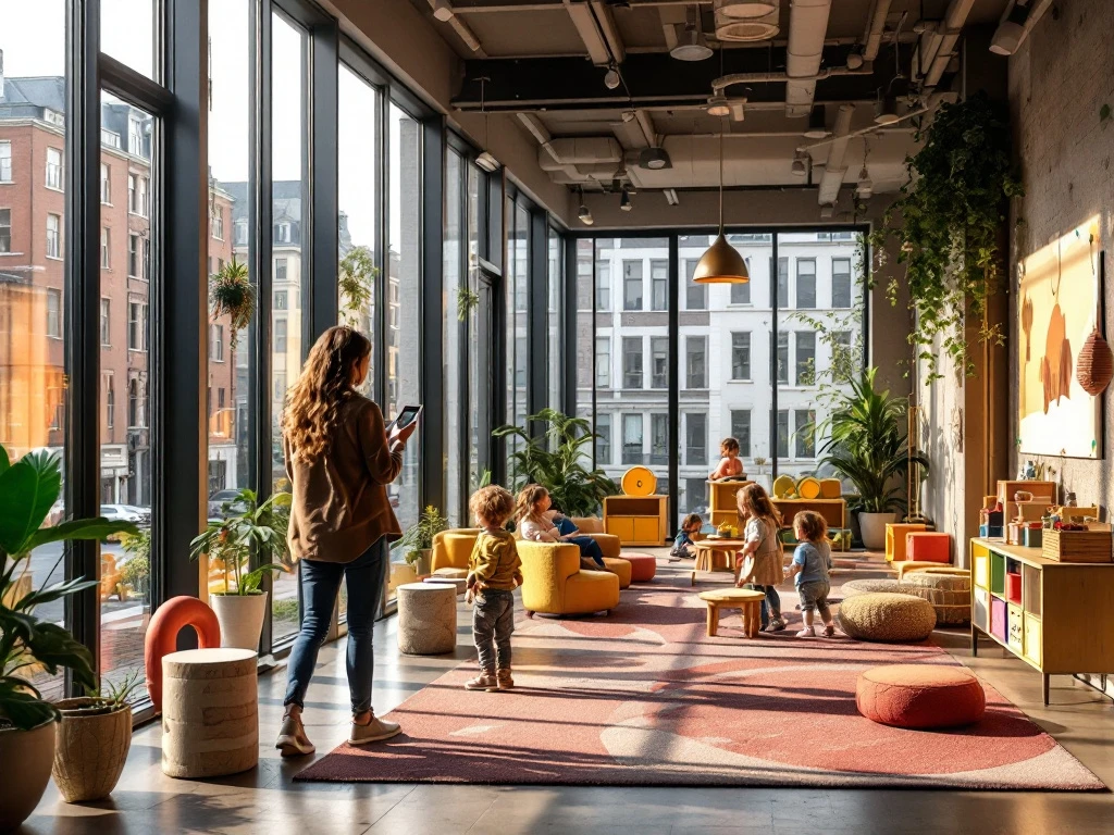 Moderne kinderopvangruimte in stedelijke omgeving met innovatieve speelzones, waar een begeleider kinderen helpt bij creatieve activiteiten in warm zonlicht.