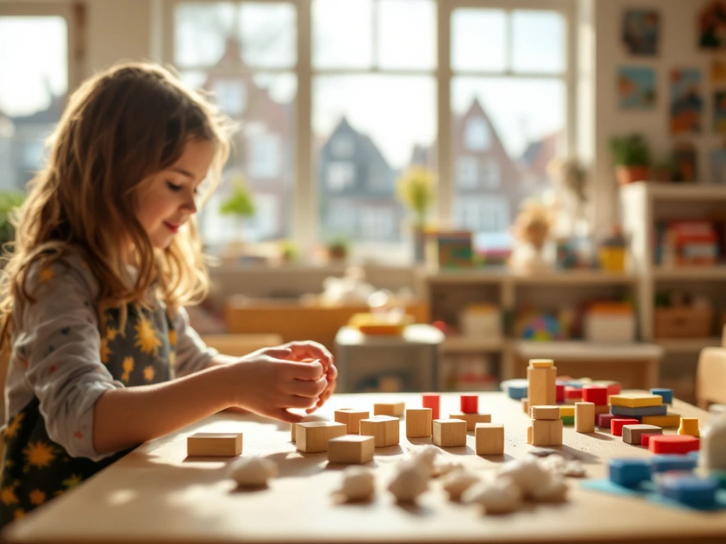 Zonnig kinderopvanglokaal in Noord-Holland: volwassen handen begeleiden kind met houten blokken onder natuurlijk licht. Typisch Nederlands uitzicht.