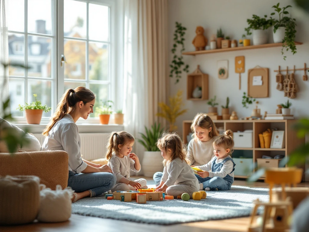 Pedagogisch medewerker begeleidt kinderen bij ontwikkelingsgerichte activiteit in moderne, lichte kinderopvangruimte met educatieve materialen en subtiele Aethon-accenten.