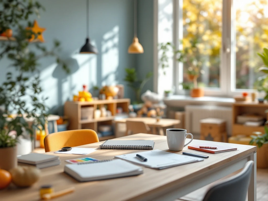 Professioneel ingerichte kinderopvangruimte met georganiseerd bureau, pedagogiekboeken en planner. Educatief speelgoed in gelabelde bakken en warme sfeer door natuurlijk licht.