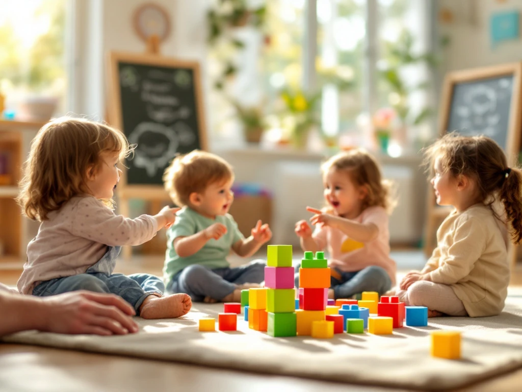 Kinderopvanglokaal in zonlicht waar kinderhanden speels wijzen naar een scheef blokkentorenje. Volwassen handen luisteren aandachtig mee. Warme, uitnodigende sfeer.