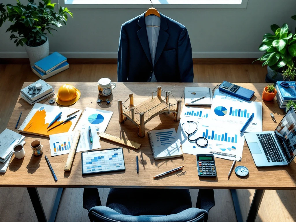 Professioneel bureau toont carrièreovergang: links voorwerpen uit diverse beroepen, rechts financiële tools, verbonden door een brug in optimistische sfeer.