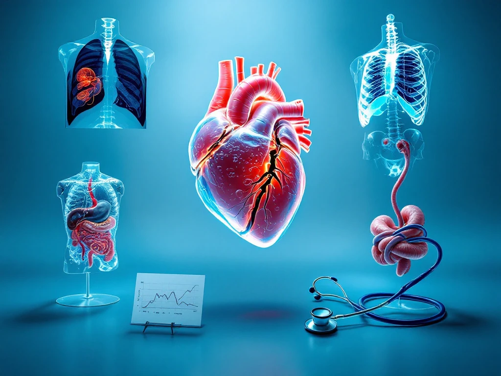 Surrealistische medische compositie met gebarsten hartmodel, omringd door röntgenfoto, verschoven organen en geknoopte stethoscoop op klinische achtergrond.