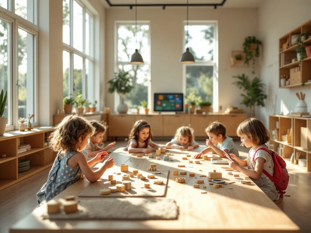 Kinderhanden werken met houten blokken in moderne leeromgeving met natuurlijk licht, subtiele technologie en doordachte pedagogische inrichting met buiten-binnen verbinding.