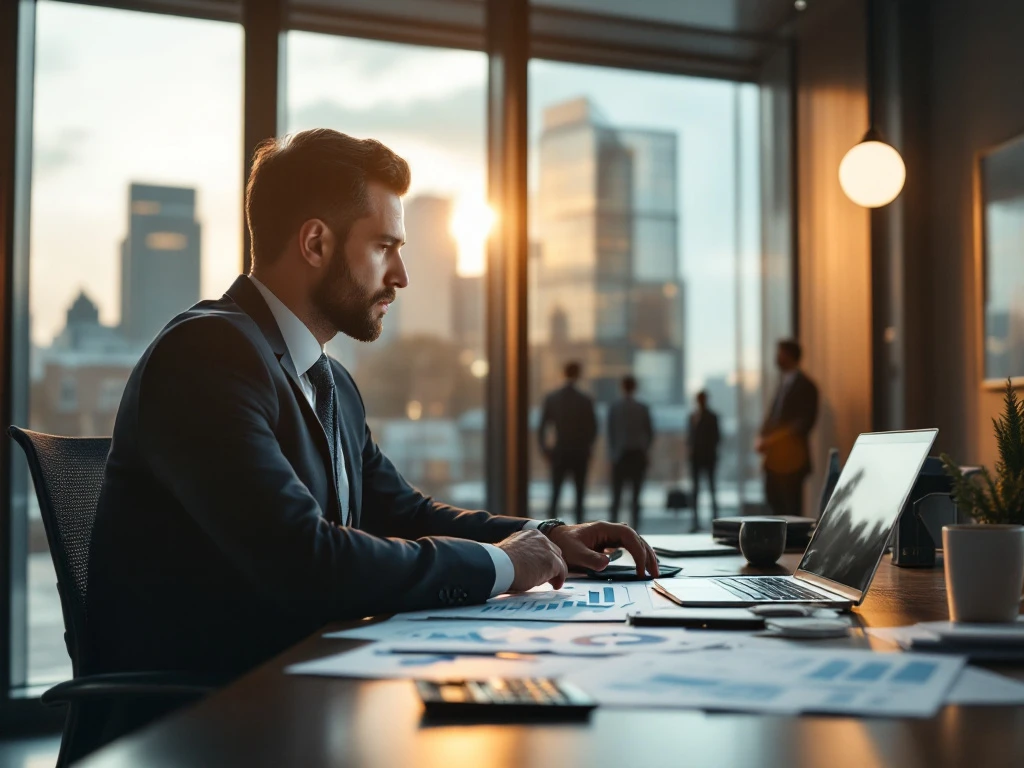 Overheidsmedewerker analyseert financiële documenten aan modern bureau met laptop en calculator, terwijl daglicht binnenvalt en een vergadering plaatsvindt op de achtergrond.