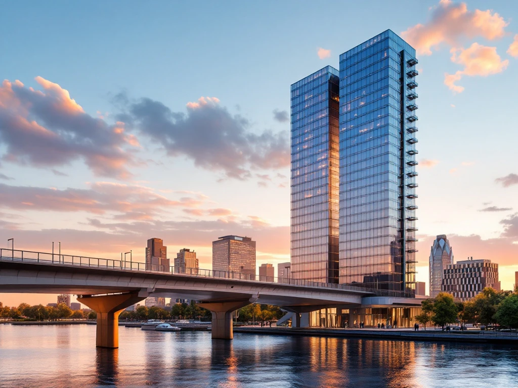 Professioneel Nederlands overheidsgebouw met elegante brug die carrièreovergang symboliseert, aktetas en carrièreladder in warm ochtendlicht tegen stadshorizon.
