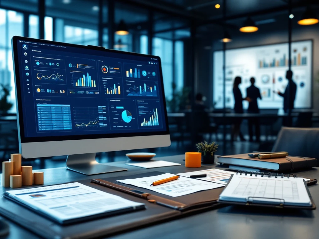 Moderne overheidswerkomgeving met data-analyses op monitors, officiële documenten en strategisch organisatiemodel in blauw-grijze tinten.