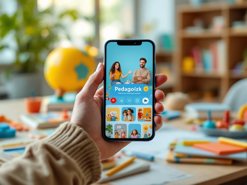 Smartphone met TikTok-video over pedagogiek, omringd door kinderboeken en ontwikkelingsspellen in een professionele onderwijsomgeving met warme belichting.