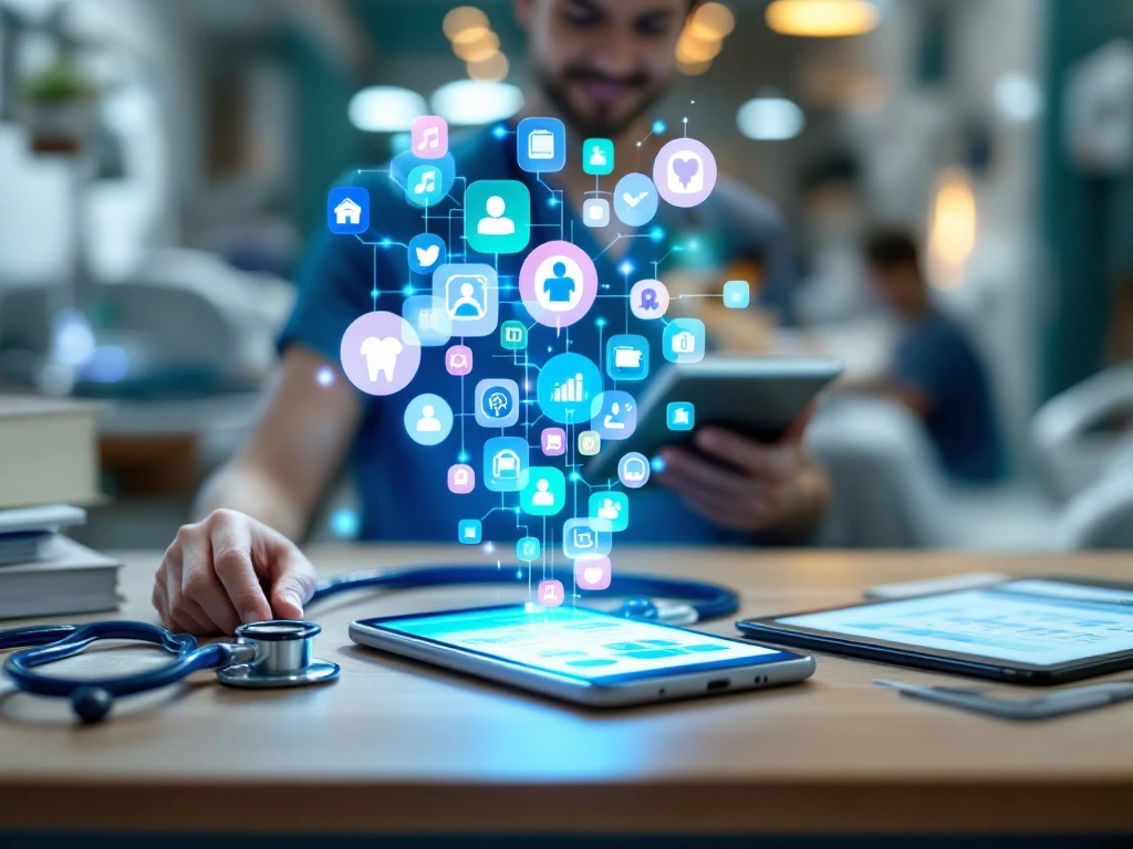 Smartphone met holografische apps in ziekenhuisomgeving, omringd door medische hulpmiddelen en digitale planningen die moderne gezondheidszorgtechnologie tonen.