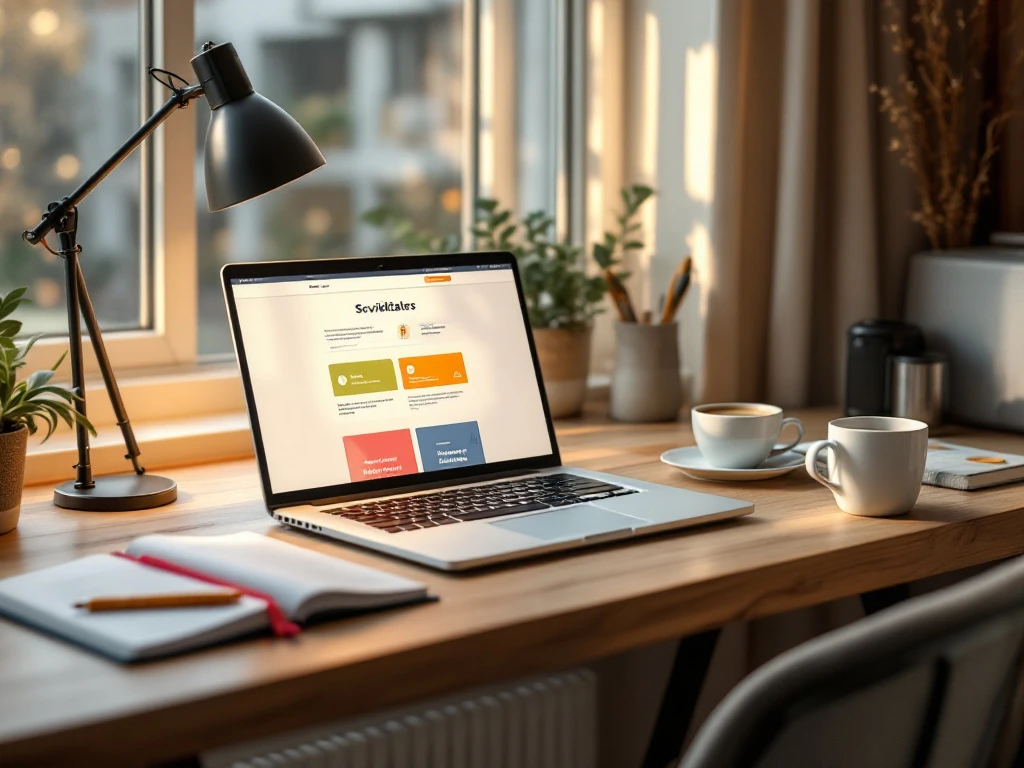 Moderne werkplek met laptop voor sollicitaties, omringd door symbolen van kansrijke sectoren: zorg, kinderopvang, onderwijs, overheid en woningcorporaties.