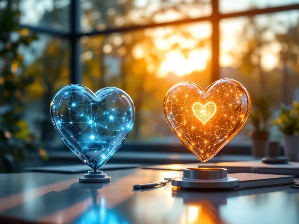 Stethoscoop met lichtgevend hart-symbool op ziekenhuisbureau bij zonsopgang, met silhouetten van zorgprofessionals en bloeiende plant.