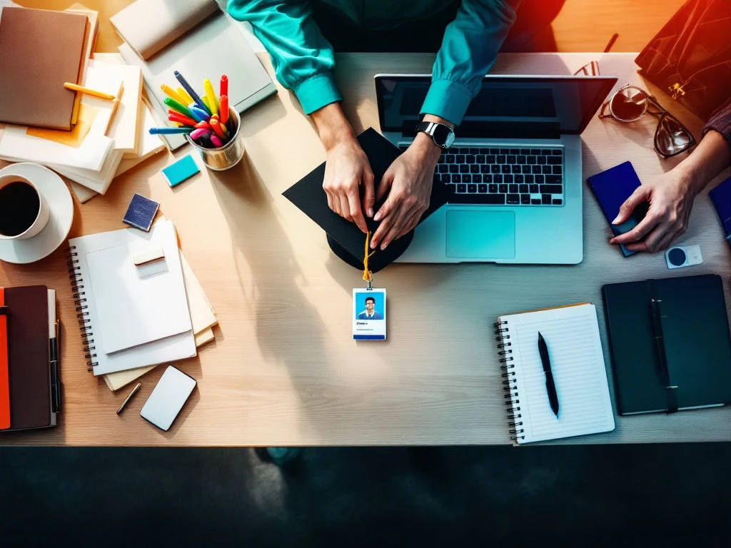 Bureauopstelling: overgang van student naar professional. Studiespullen links, werkbenodigdheden rechts, hand plaatst afstudeerhoed bij ID-badge.