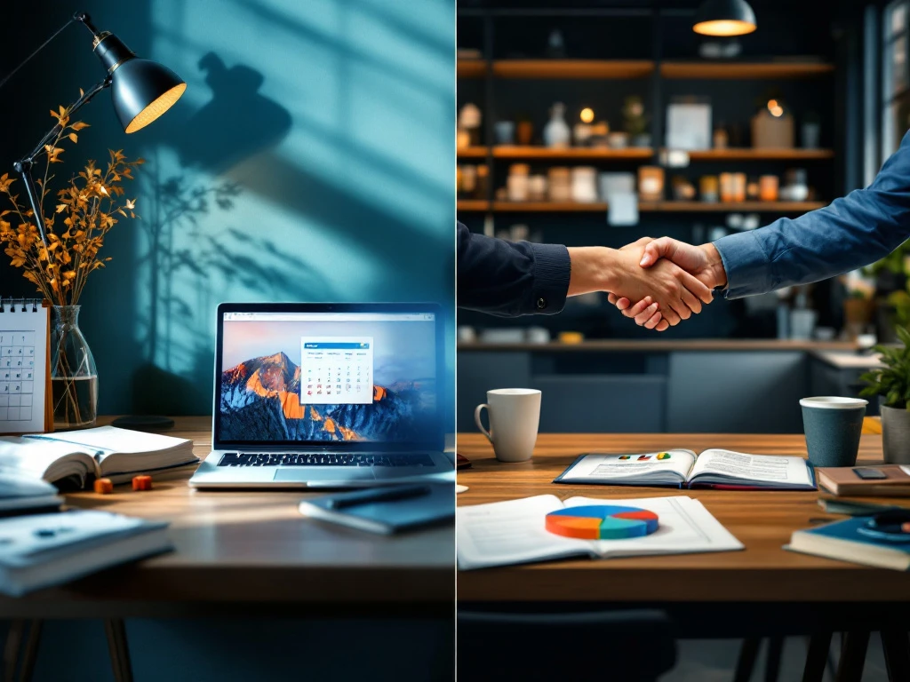 Contrasterende omgevingen van studie en werk met hulpmiddelen voor softskills: tijdmanagement, communicatie en probleemoplossing in professionele blauwtinten.