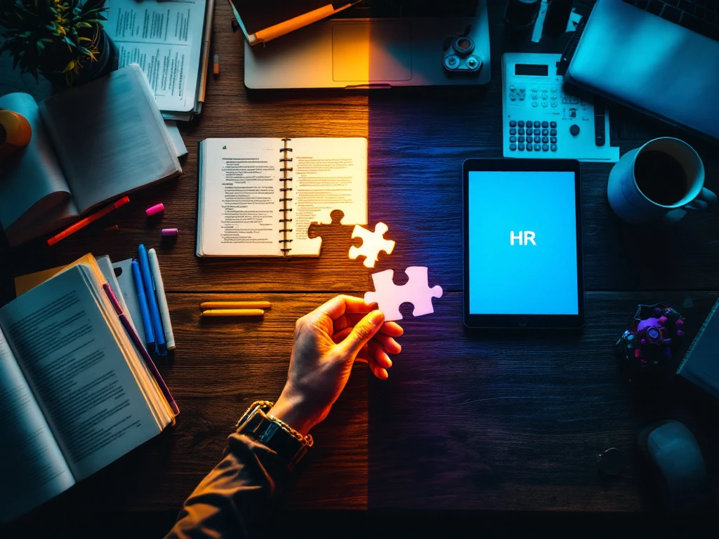 Hand verbindt studie- en professionele werkruimte met puzzelstuk, symboliseert overgang van opleiding naar HR-carrière.