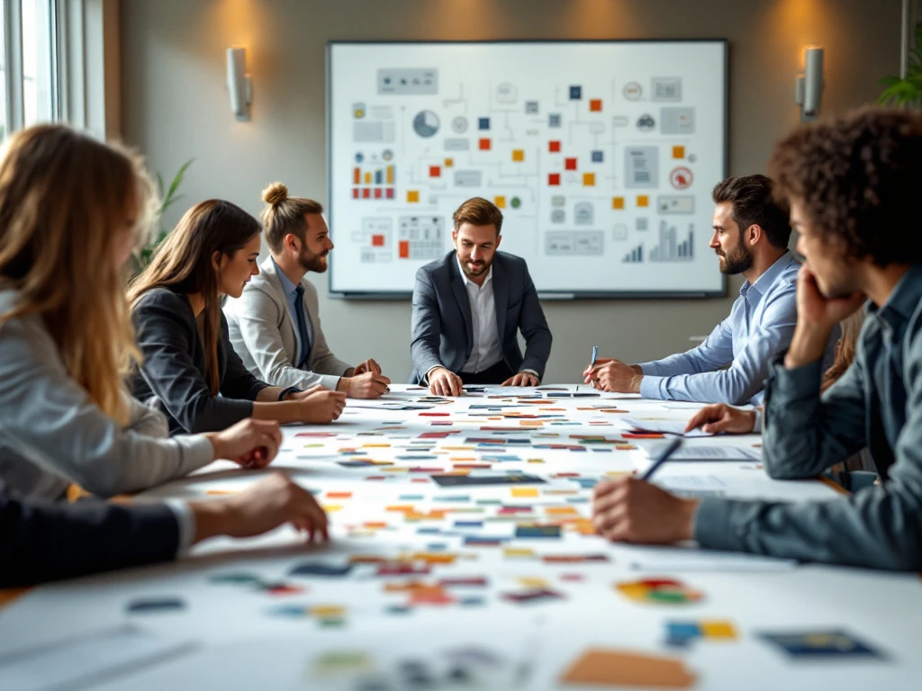 Interactieve teambuilding-activiteit in conferentieruimte met puzzels en spellen op tafel, samenwerkende handen en een whiteboard met leerdoelen in warm zonlicht.