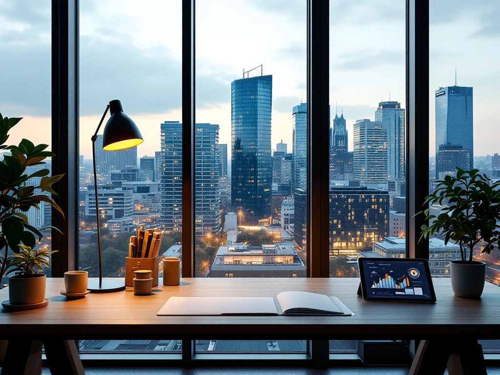 Vastgoedwerkplek met plattegrond en rekenmachine, uitzicht op modern Nederlands appartementencomplex en stadsskyline in avondlicht