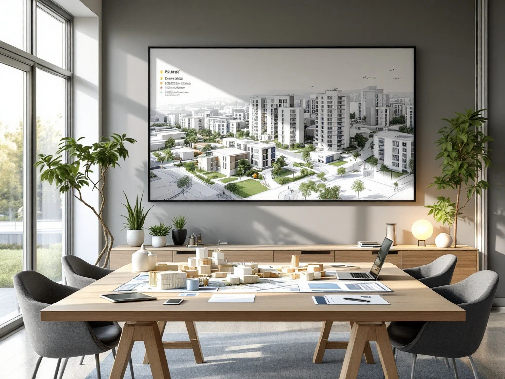 Vastgoedprofessional wijst naar architectuurmodel van woningcomplex op vergadertafel met plattegronden en digitale analyses op de achtergrond.