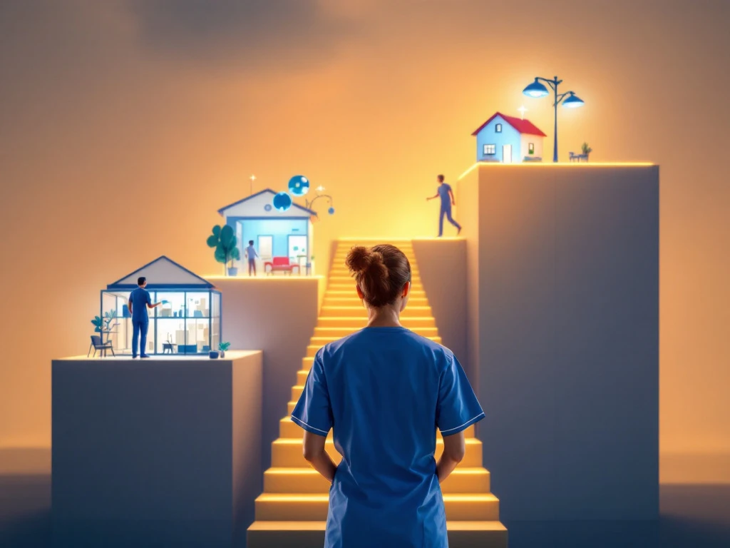 Verpleegkundige in blauw uniform staat bij carrièrekruispunt met verlichte paden naar geriatrie, thuiszorg, psychiatrie en management.