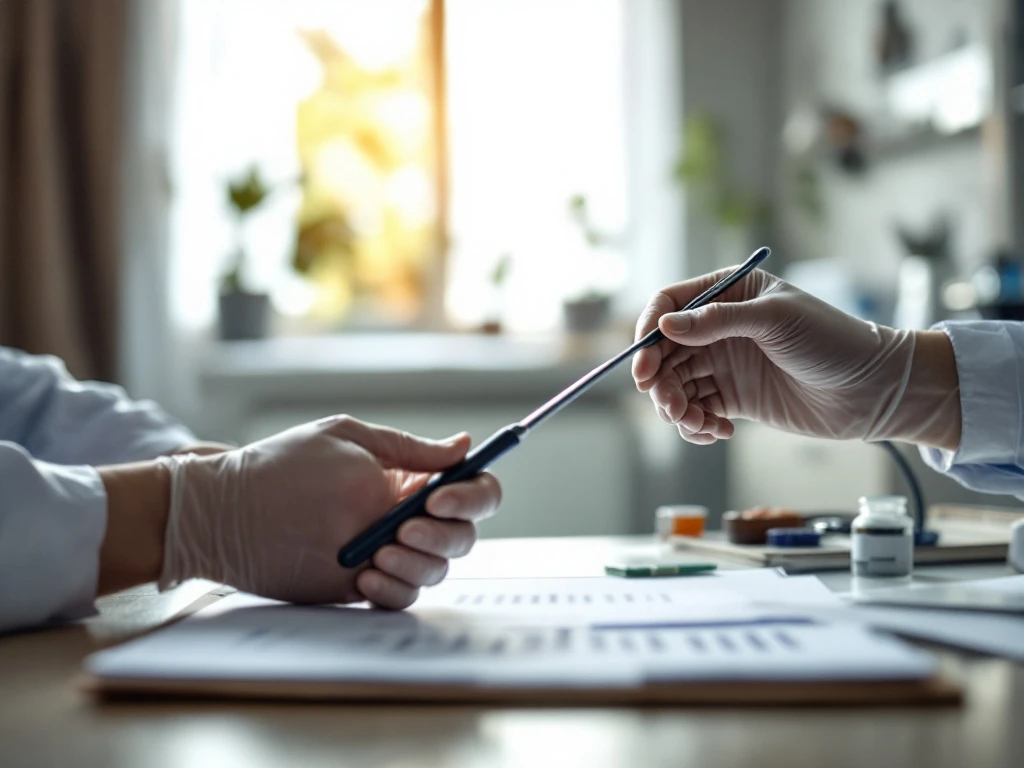 Professionele handen in medische handschoenen voeren zorgtaken uit: één houdt een stethoscoop vast, de andere reikt medicatie aan in een warme zorgomgeving.