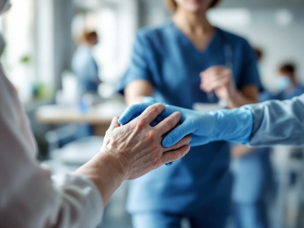 Zorgzame handen in blauwe medische handschoenen houden teder de hand van een oudere patiënt vast in een lichte zorgomgeving, typerend voor Verzorgende IG zorg.