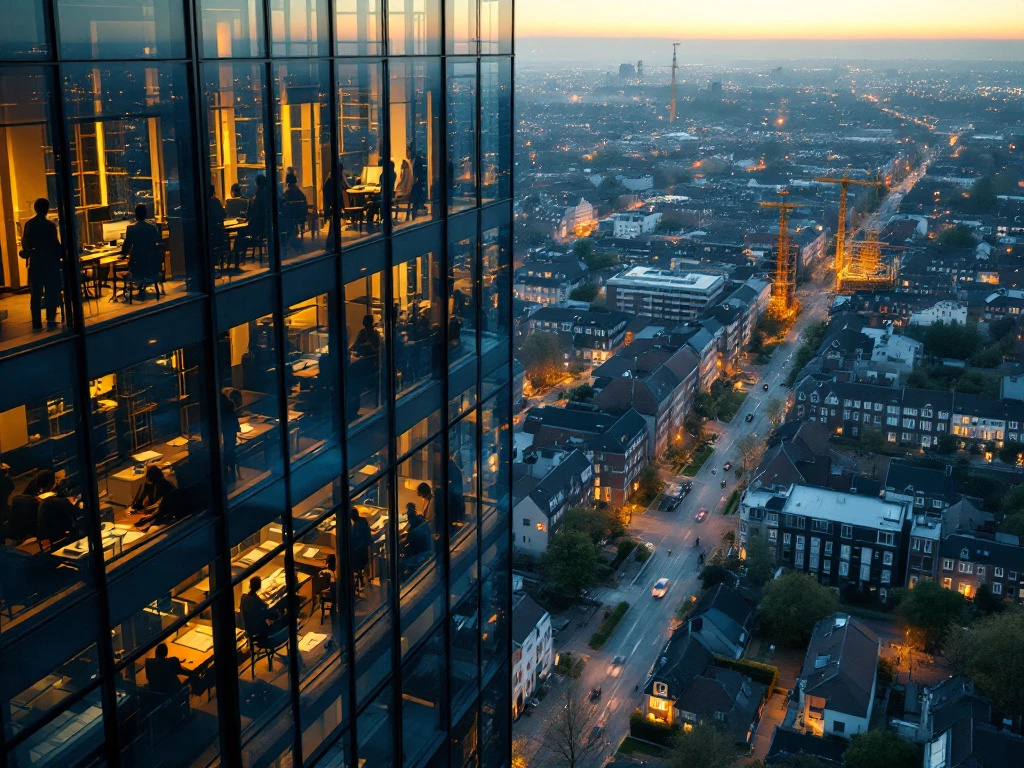 Luchtfoto van Nederlands stedelijk gebied met woningcorporatiekantoor waar professionals werken, contrasteert voltooide woningen en bouwplaatsen in avondlicht.