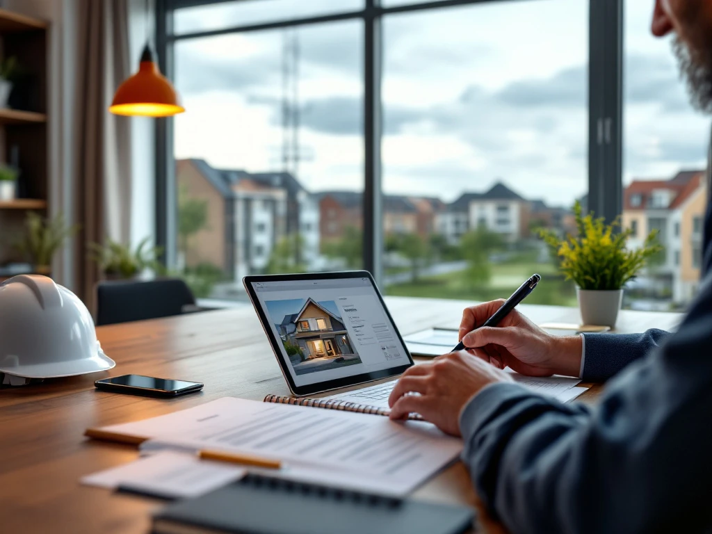 Professionele werkplek met plattegrond en tablet in woningcorporatie kantoor. Veiligheidshelm en sleutels liggen klaar met uitzicht op nieuwbouwwijk.