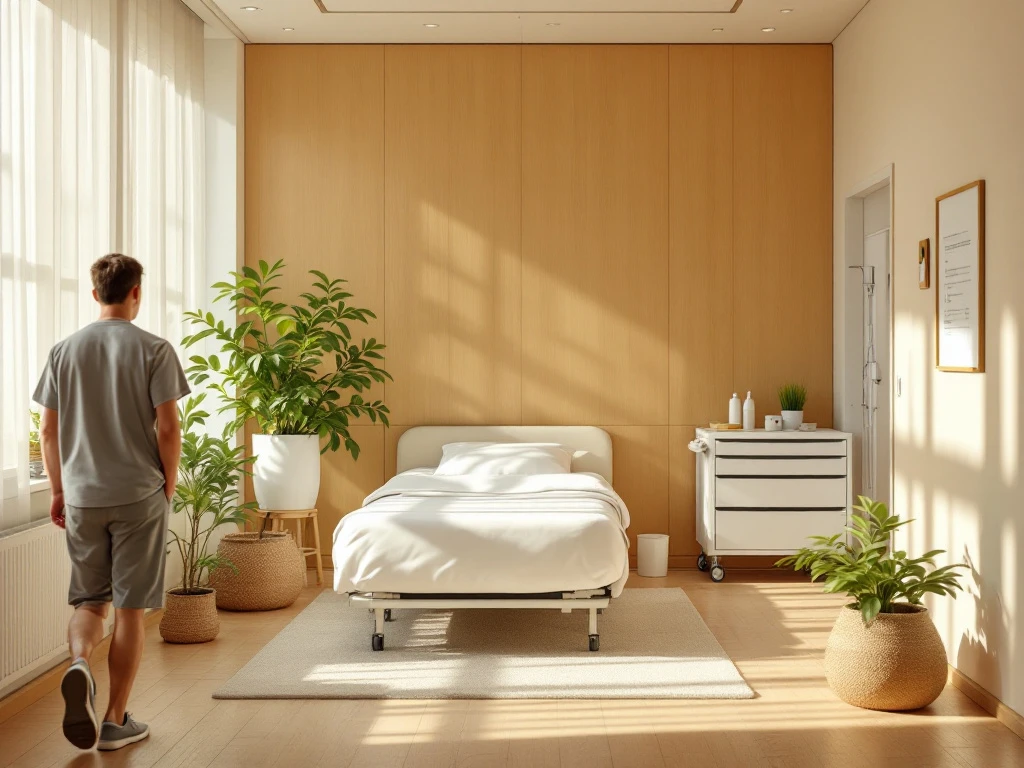 Zonnige ziekenhuisgang met opgemaakt bed en verzorgingswagen. Een persoon loopt richting verpleegpost met zorgschema, symboliserend zomerbanen in de zorg.