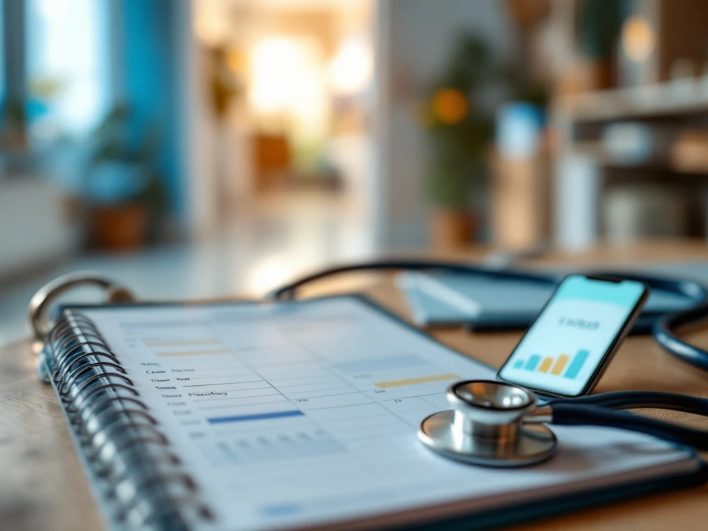 Stethoscoop op planner met flexibele tijdslots naast tablet en smartphone die werk-privébalans en financiële voordelen van zelfstandig werken in de zorg tonen.