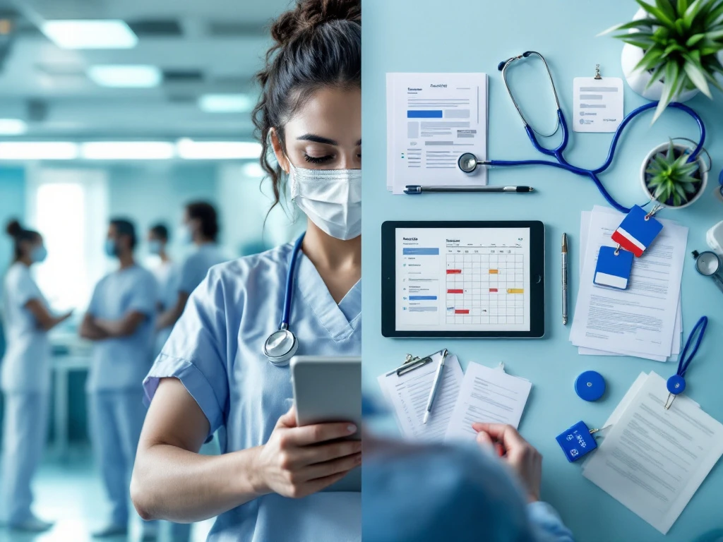 Zorgprofessionals in contrast: teamwerker met vast rooster versus zelfstandige met eigen planning, verbonden door stethoscoop.