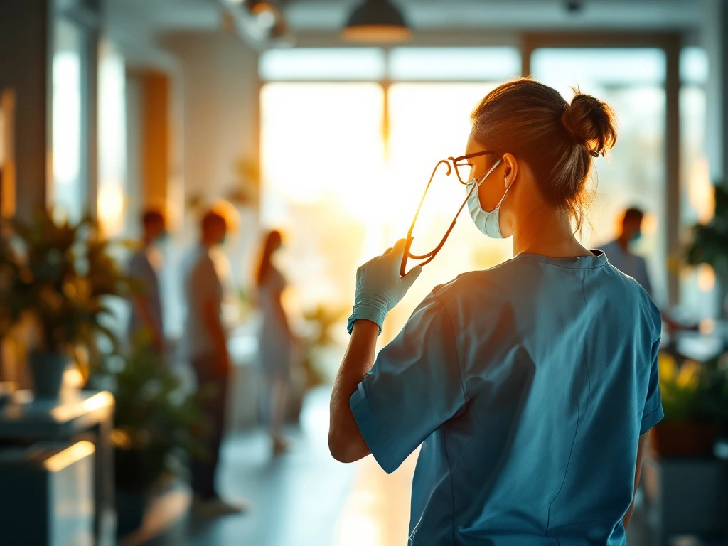 Jonge zorgprofessional met stethoscoop in moderne medische omgeving, omringd door silhouetten van teamleden in warm verlichte ruimte met geavanceerde apparatuur.