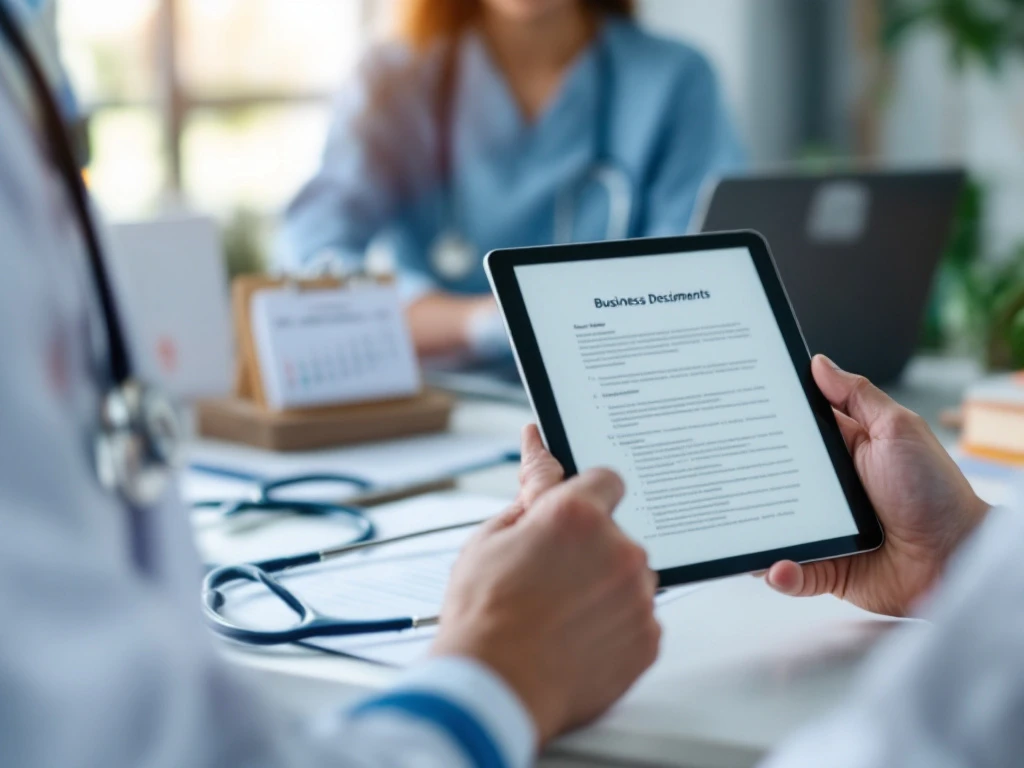 Handen van jonge zorgprofessional met stethoscoop en tablet in moderne klinische omgeving, met werkplek en studentenbadge op de achtergrond.