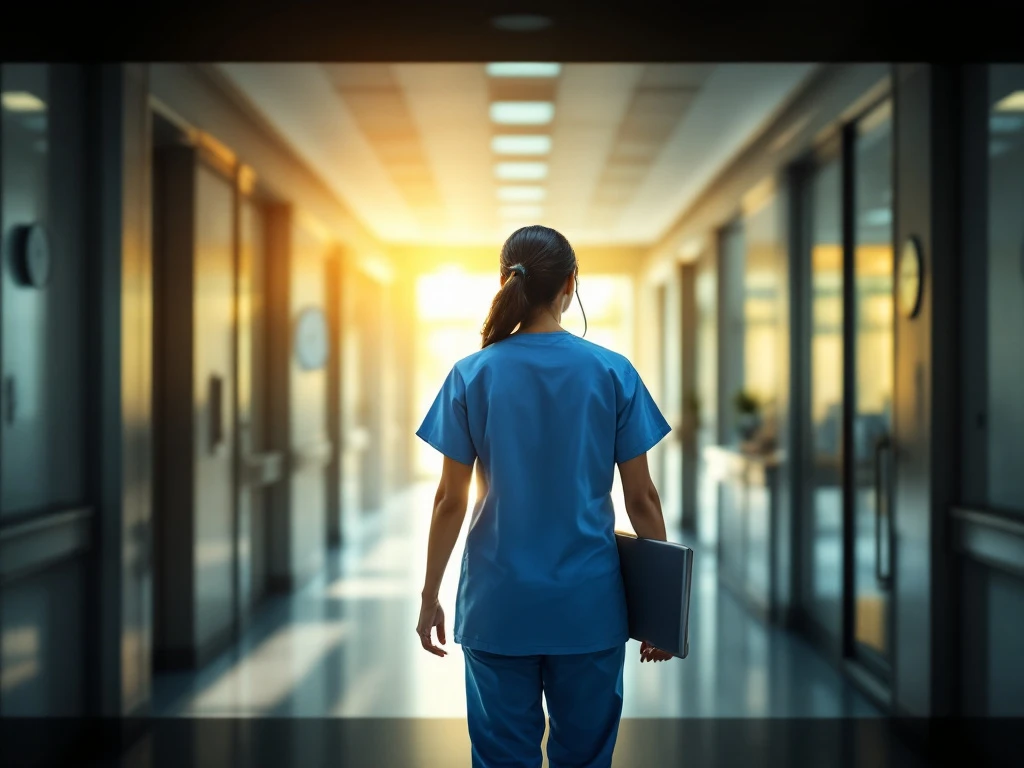 Zorgprofessional in scrubs van achteren gezien, staand in ziekenhuisgang met stethoscoop en tablet, terwijl zonlicht een pad vormt in de moderne zorgomgeving.