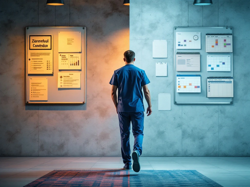 Zorgprofessional bij kruispunt tussen ziekenhuiswerk en ZZP-pad, stappend richting flexibiliteit met symbolen van tijd en geld op achtergrond.