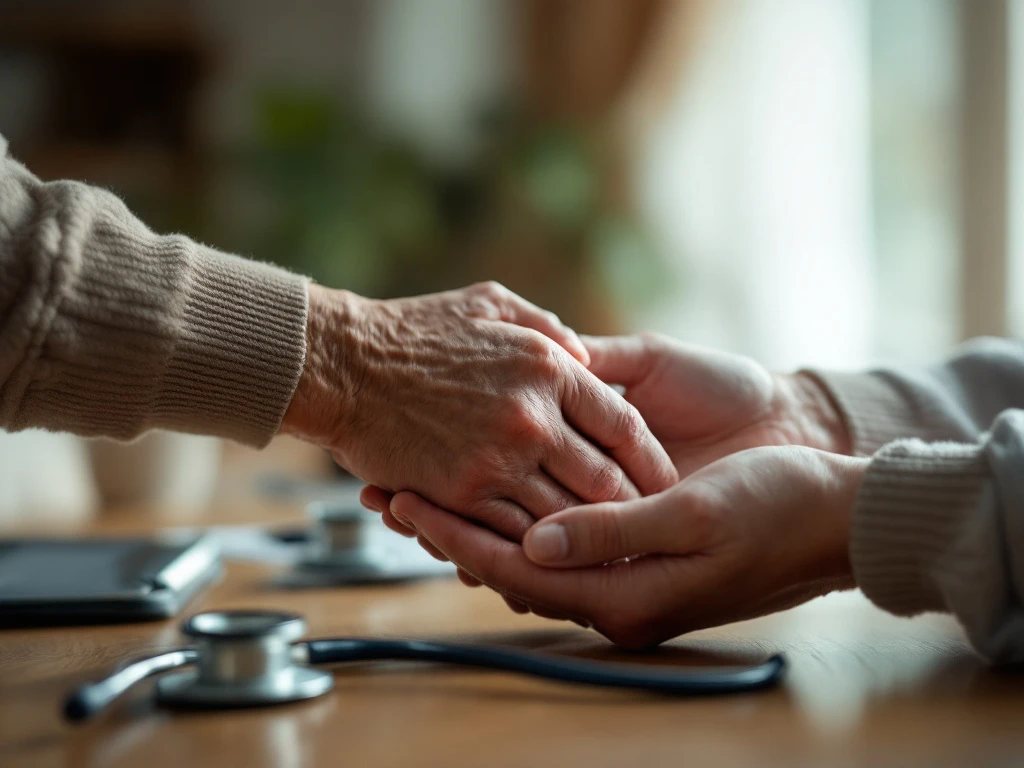 Oudere gerimpelde hand die zachtjes wordt vastgehouden door jongere zorgverlener in warme, huiselijke zorgomgeving met natuurlijk licht en subtiele medische elementen.