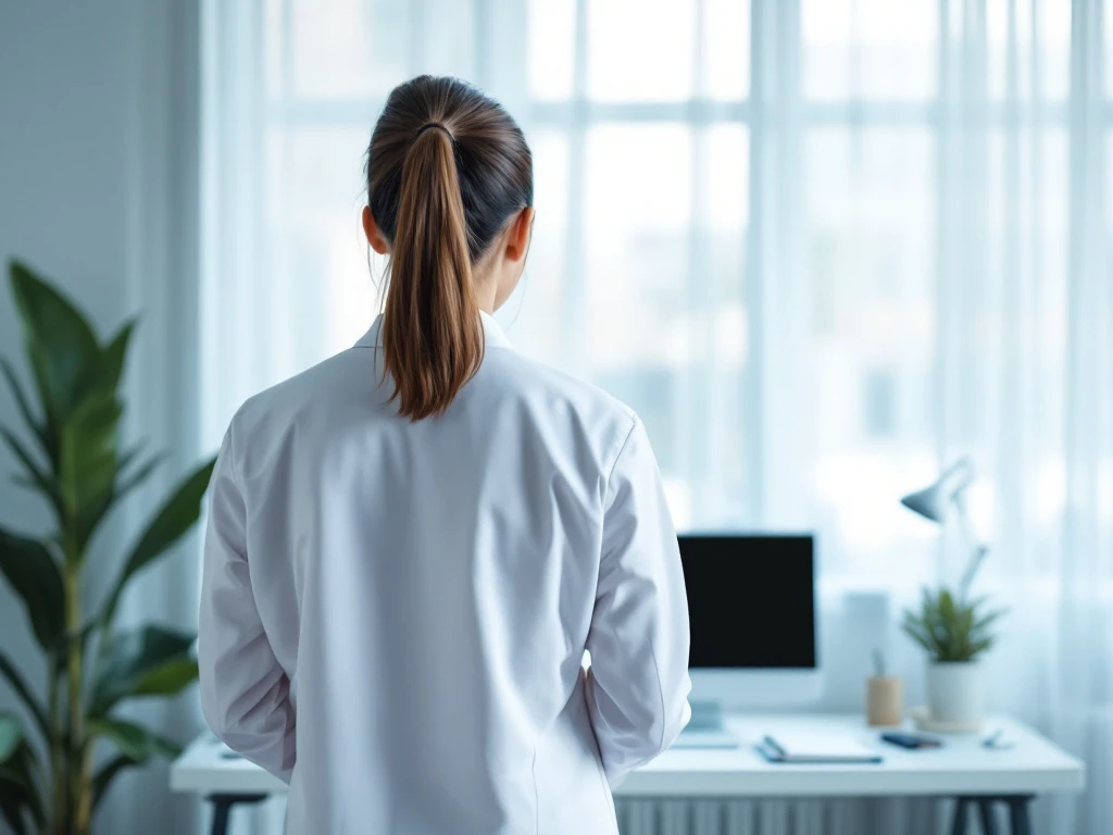 Zorgverlener in witte jas bekijkt verschillende zorgsettings met naast zich symbolen van zelfstandig ondernemerschap in een professionele zorgomgeving.